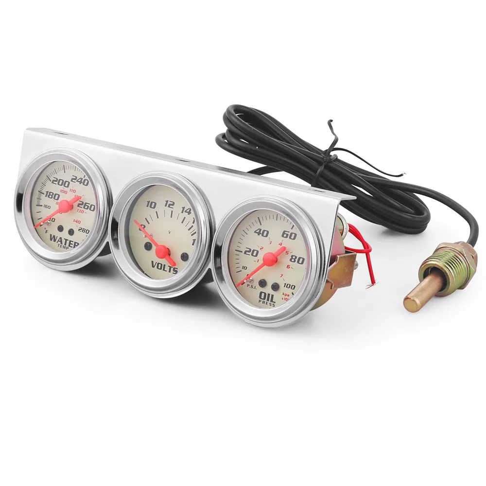 2-Inch Chrome Panel Triple Gauge Kit New Includes Water Temp Fahrenheit/Celsius Voltmeter Oil Press Gauge PSI/kpa Yellow Light - Image 2