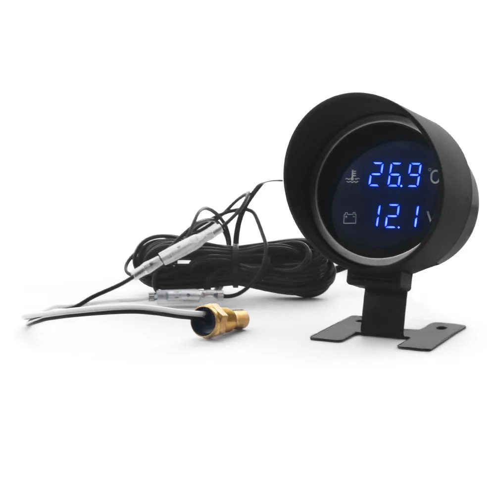 2-in-1 LCD Digital Car Auto Electronics 12V Blue Light Water Temperature Gauge 1-99+Celsius 10-24V Voltmeter 1/8NPT Temp Sensor