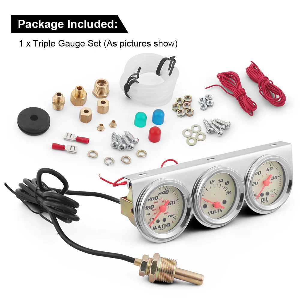 2-Inch Chrome Panel Triple Gauge Kit New Includes Water Temp Fahrenheit/Celsius Voltmeter Oil Press Gauge PSI/kpa Yellow Light - Image 6